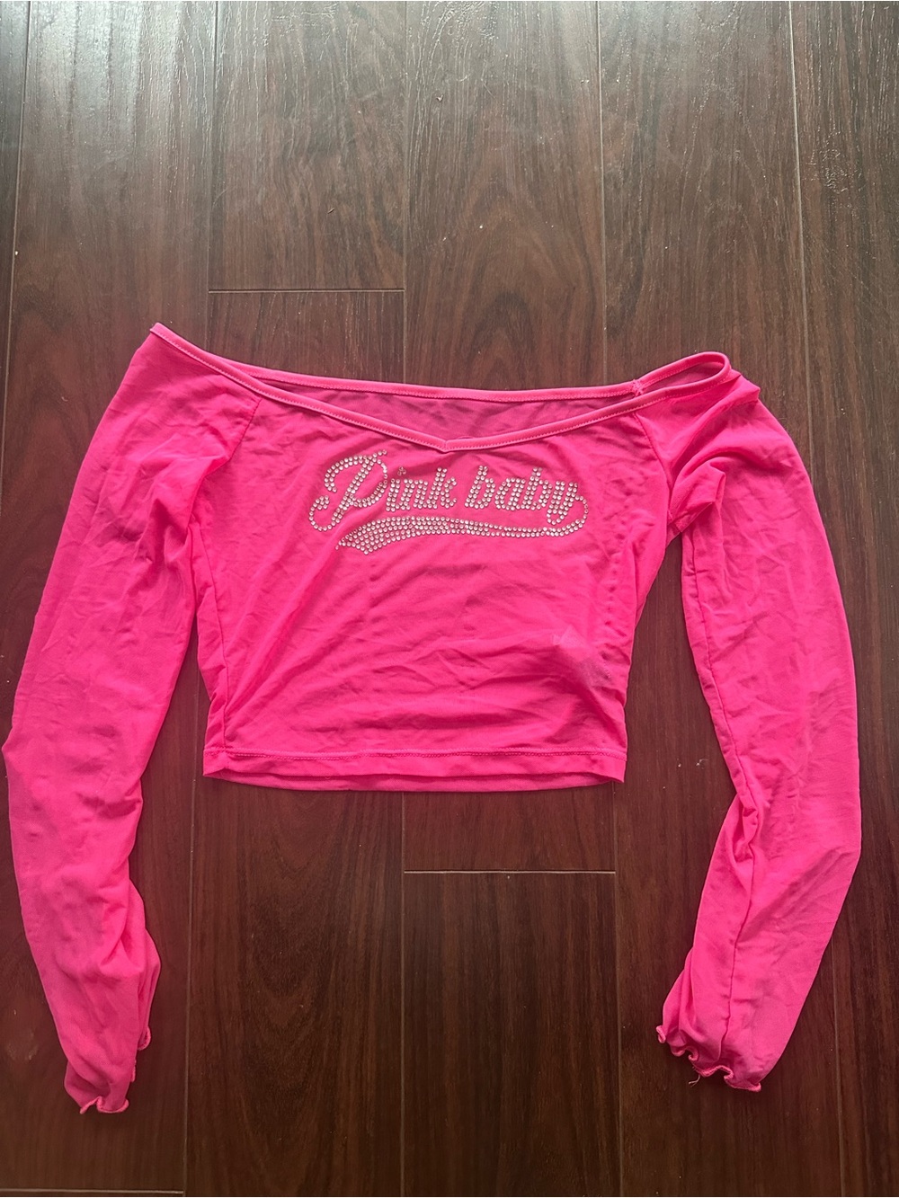 SHEIN Hot Pink Rhinestone "Pink Baby" Off-Shoulder Crop Top